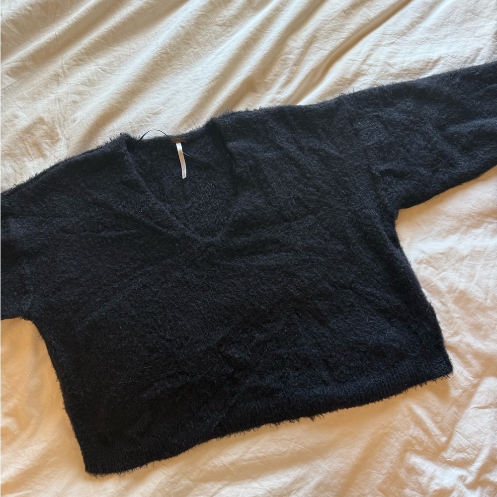 Free People Black V-Neck Fuzzy Sweater - Women